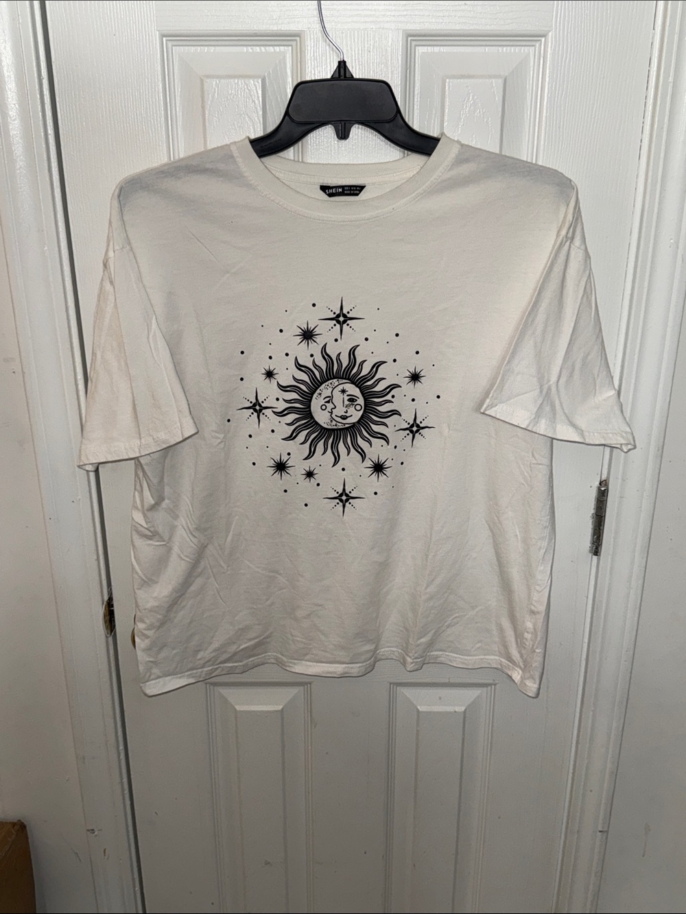 SHEIN White Tee with Black Sun & Stars Graphic